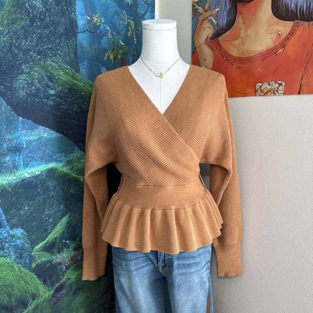zesica camel ribbed wrap peplum sweater long sleeve v neck small